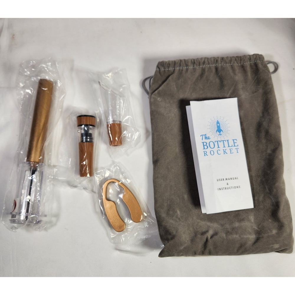 The BOTTLE ROCKET Wine Opener 5 pc Set Pump Cutter Pourer Seal w/Bag gold/copper